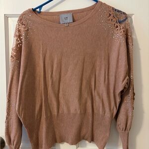 Milano Tan Sweater with Lace and Rhinestones